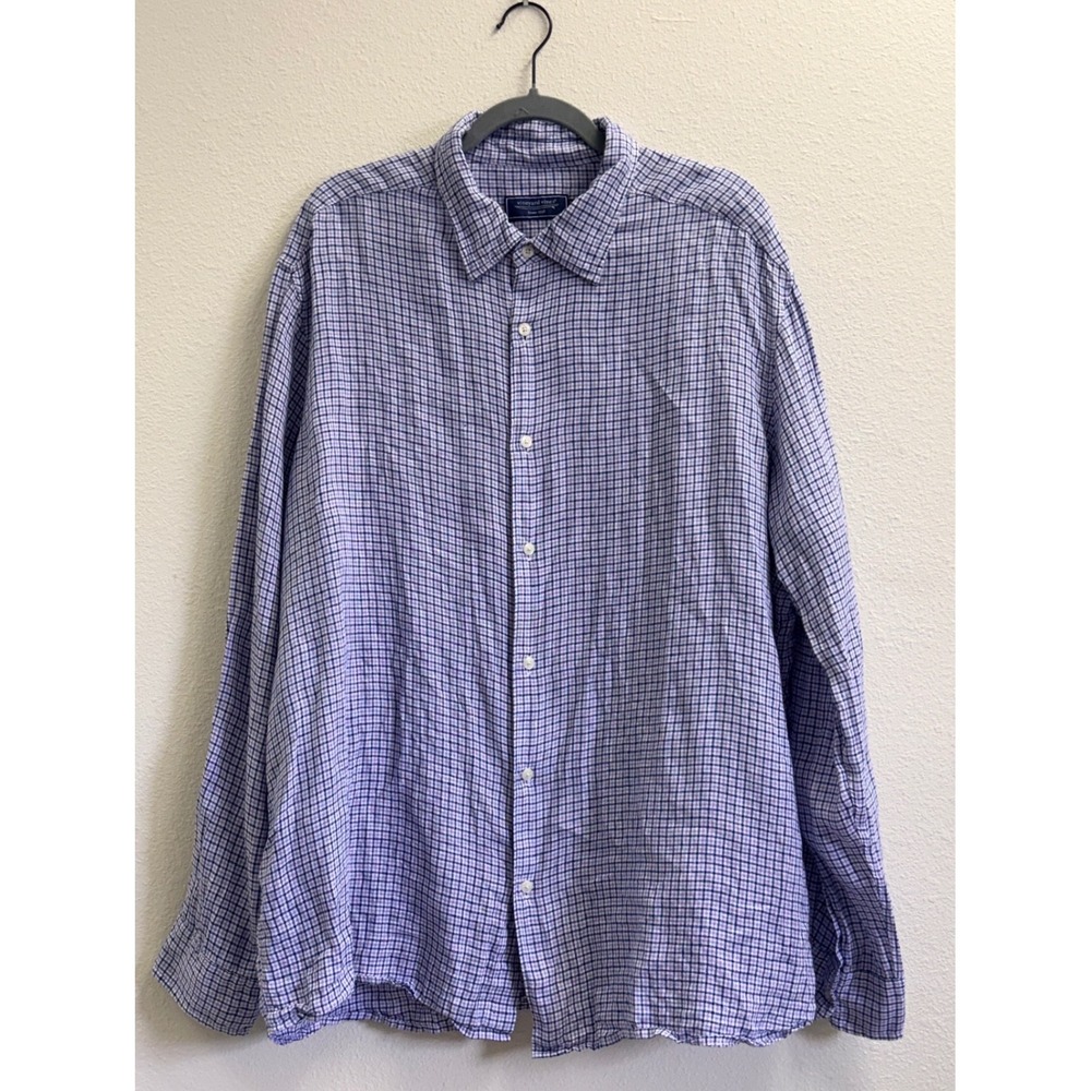 Vineyard Vines Mens XXL Purple White Check Linen Long Sleeve Slim Fit Shirt